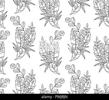 Vector balck and white seamless pattern of tropical leaves and flower. Stock Vector