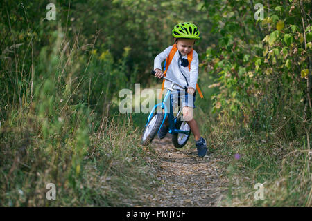 A little boy on a balance bike performs a jump on a path in the forest on a summer sunny day Stock Photo