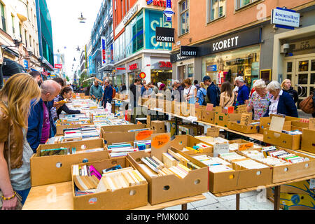 Bokbordet Stockholm 2018 (Book Table) an annual event in Stockholm where booksellers sell books on Drottningatan, Sweden Stock Photo