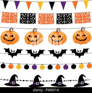 Set of Halloween or Dia de los Muertos, Day of the Dea garlands with lights, bunting flags, pumpkins and bats. Garden party decorations. Isolated vector objects. Stock Vector