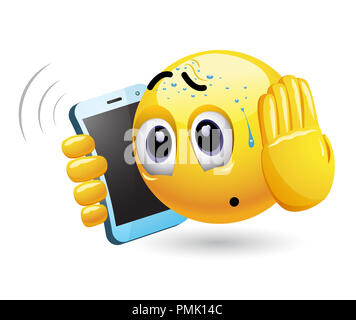 Smiley talking on a phone. Vector illustration of a smiley having unpleasant phone call. Stock Photo