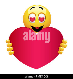 Cute smiley emoji being in love. Smiley holding big red heart. Smiling emoticon with heart in itâ€™s eyes.
