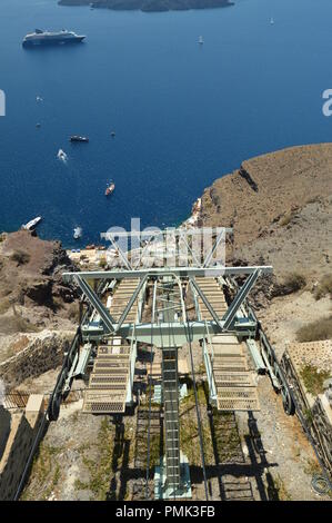 Cableway Wagons Going Down To The Port On The Beautiful Island Of Santorini. Architecture, landscapes, travel, cruises. July 7, 2018. Island of Santor Stock Photo