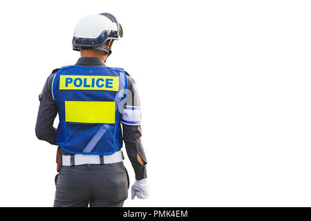 street police officer with uniform hard hat back view isolated on white Stock Photo