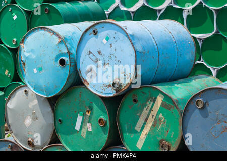 industry oil tank barrels old dirty in stack group Stock Photo