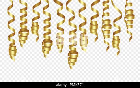 Party decorations golden streamers or curling party ribbons. Vector illustration Stock Vector