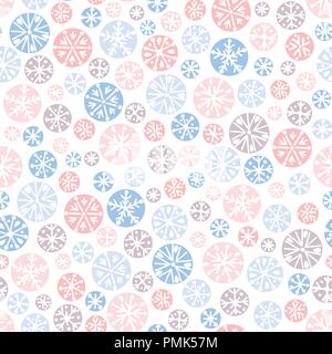 Hand drawn abstract Christmas pastel, pink, blue Christmas snowflakes on white background vector seamless pattern. Winter Holiday Scandinavian Nordic. Stock Vector