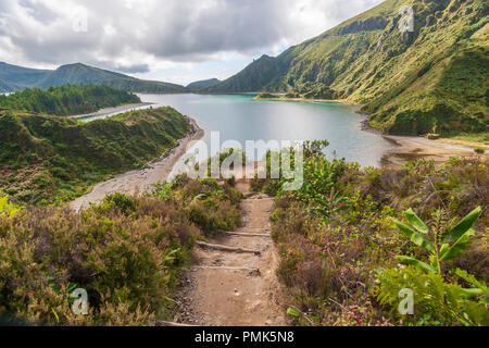 Lagoa do Fogo is a crater lake within the Agua de Pau Massif stratovolcano  in the center of the island of Sao Miguel in the Portuguese archipelago of  Stock Photo - Alamy
