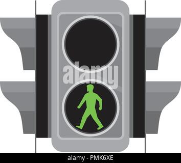Retro style illustration of a traffic signal light with green man walking for pedestrian crossing on isolated white background. Stock Vector