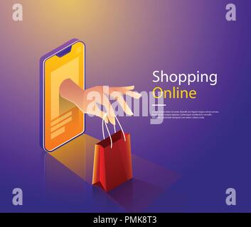 Mobile shopping flat vector concept. Hand of delivery man with shopping bag from cloud and customers Stock Vector