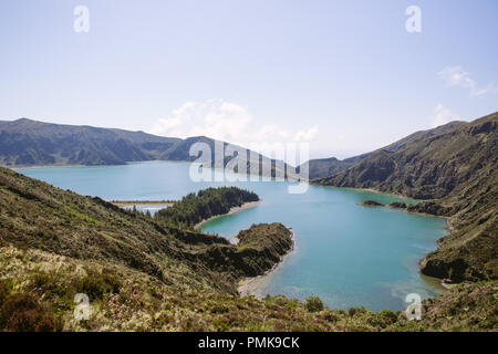 Lagoa do Fogo is a crater lake within the Agua de Pau Massif stratovolcano  in the center of the island of Sao Miguel in the Portuguese archipelago of  Stock Photo - Alamy