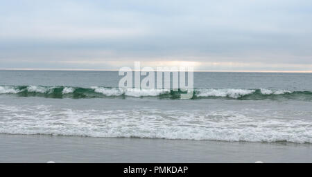Wave rolling in towards shore, soft light blue clouds, sunshine on horizon gentle swells , peaceful Stock Photo