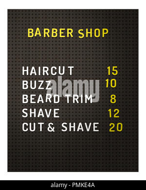 Isolated Retro Vintage Black Peg Board At A Barber Shop With Prices On A White Background Stock Photo