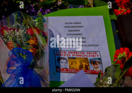 SANTIAGO, CHILE - SEPTEMBER 13, 2018: Outdoor view of bunch of flowers in front of the Monument to Salvador Allende Gossens in Santiago de Chile Stock Photo