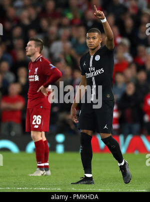 Paris Saint-Germain's Kylian Mbappe celebrates scoring his side's second goal of the game during the UEFA Champions League, Group C match at Anfield, Liverpool. Stock Photo