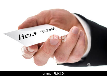 Closeup of a business man handing  card with Help please written on it. Isolated over white background. Stock Photo