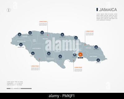 Jamaica map with borders, cities, capital and administrative divisions. Infographic vector map. Editable layers clearly labeled. Stock Vector