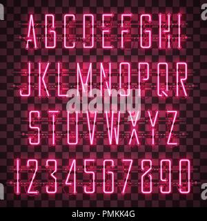 Shining and glowing red neon alphabet and digits. Stock Vector