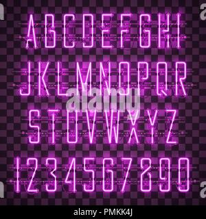 Shining and glowing purple neon alphabet and digits. Stock Vector