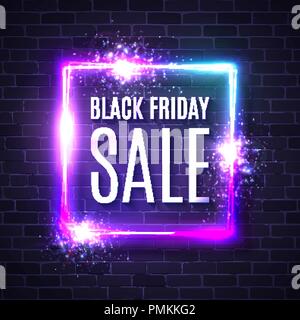 Black friday shopping web banner. Modern neon blue and purple billboard on brick wall. Advertising seasonal offer concept with glowing neon text. Black friday sale design. Bright vector illustration. Stock Vector