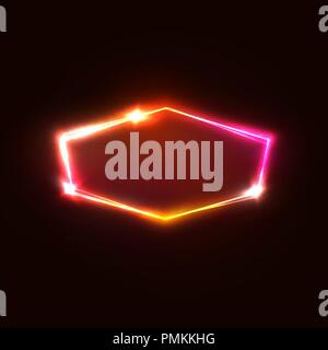 Neon light hexagon on dark red background. Red, pink and yellow electric hexagonal geometric shape with electricity sparkles and flashes. Glowing vector illustration. Stock Vector