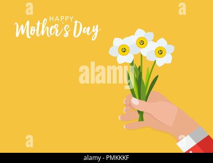 Happy Mother's day greeting card with hand holding flowers background. Vector Illustration Stock Vector