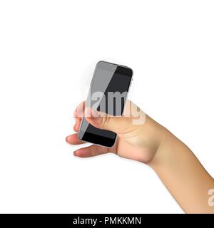 Realistic hand of man holds mobile phone, smartphone isolated on white background. Vector Illustration Stock Vector