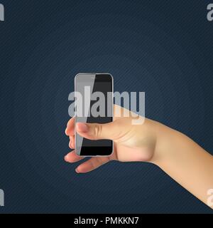 Realistic hand of man holds mobile phone, smartphone. Vector Illustration Stock Vector