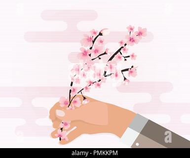Hand holding colorful branch of cherry blossoms. Vector Illustration Stock Vector