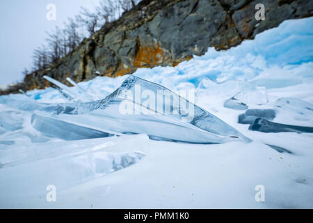 Close-up of Cracked Ice on a frozen lake, Siberia, Russia Stock Photo