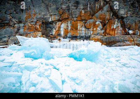 Close-up of Cracked Ice on a frozen lake, Siberia, Russia Stock Photo