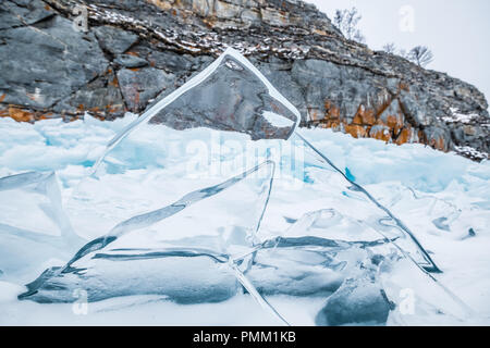 Close-up of Cracked Ice on a frozen lake, Siberia, Russia Stock Photo