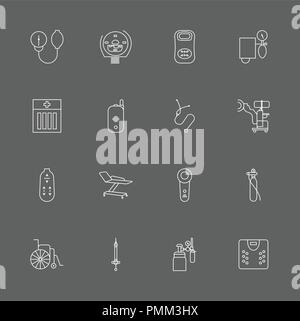 Assorted Medical Devices Icons Set - Linear Design Vector Illustrations White Stock Vector