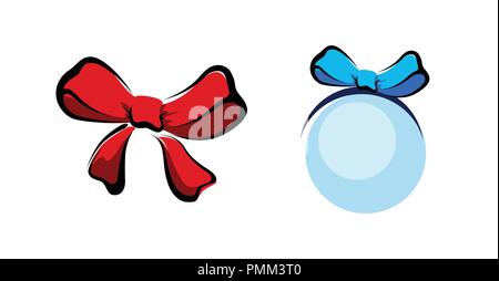 Vector Red Bow in style design and Ball with Ribbon isolated on white. Element design for Holiday decoration of Present and Gift actions. Stock Vector
