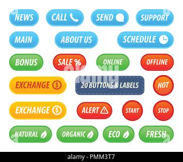 Set of Buttons and Labels for Web Site or Decoration of App and Products and Actions. Vector Illustrations in style design for modern product. Stock Vector