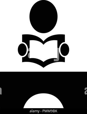 Boy is reading books on the table icon vector black Stock Vector