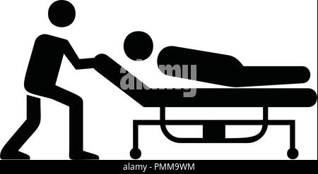 Man pushing the stretcher with a sick person icon black Stock Vector