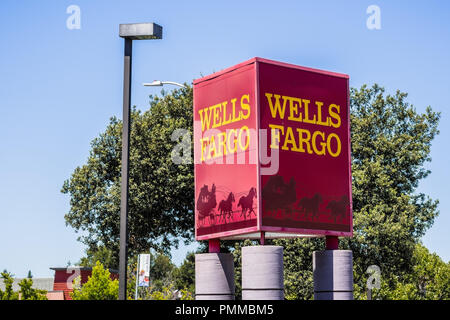 August 6, 2018 Los Altos / CA / USA - Wells Fargo logo displayed in front of one of their branches in south San Francisco bay area Stock Photo