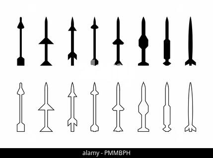 Set of silhouettes and contours of missiles of different types Stock Vector