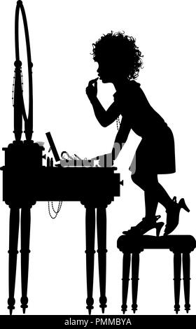 Editable vector silhouette of a young girl putting on makeup at her mother’s dressing table with elements as separate objects