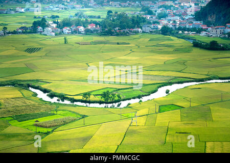 Panoramic view of Bac Son in the sunset at the valley from the top of Mount Bo Muon in Bac Son district, Lang Son province, Vietnam Stock Photo