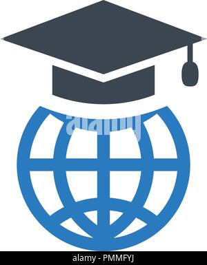 Graduation hat on top of globe - linear design icon vector blue Stock Vector