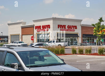 TORONTO, CANADA - August 15, 2018: Five Guys storefront. Five Guys Enterprises LLC is an American fast casual restaurant chain focused on hamburgers Stock Photo