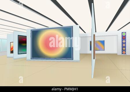 abstract painting hanging on the wall and stands in the art gallery with suspension ceiling Stock Vector