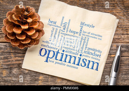 optimism word cloud - handwriting on a napkin Stock Photo