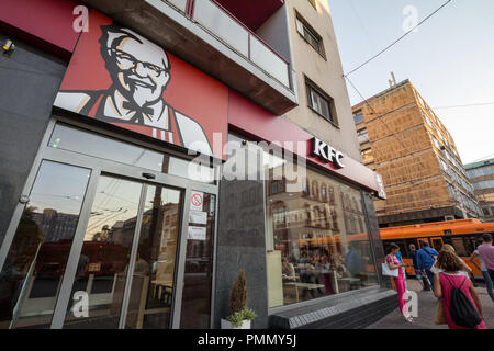 BELGRADE, SERBIA - SEPTEMBER 18, 2018: Logo of KFC on their main restaurant for Belgrade. Kentucky Fried Chicken is an American fast food restaurant c Stock Photo