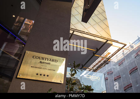 BELGRADE, SERBIA - SEPTEMBER 18, 2018: Courtyard Marriott logo on their main hotel in Serbia. Courtyard Marriott Corporation is a worldwide brand, own Stock Photo