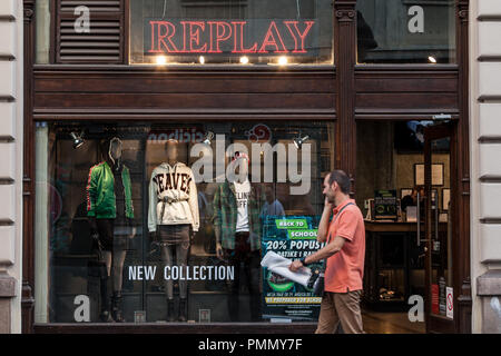 BELGRADE, SERBIA - SEPTEMBER 2, 2018:  Replay Jeans logo in front of their main store in Belgrade. Replay Jeans, part of the Italian group Fashion box Stock Photo