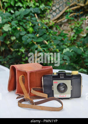 The vintage  Brownie Cresta II camera with its shoulder bag / case. Stock Photo