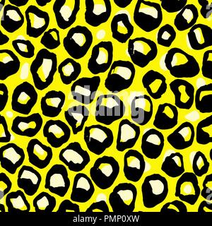 Vector illustration leopard print seamless pattern. Yellow hand drawn background. Stock Vector